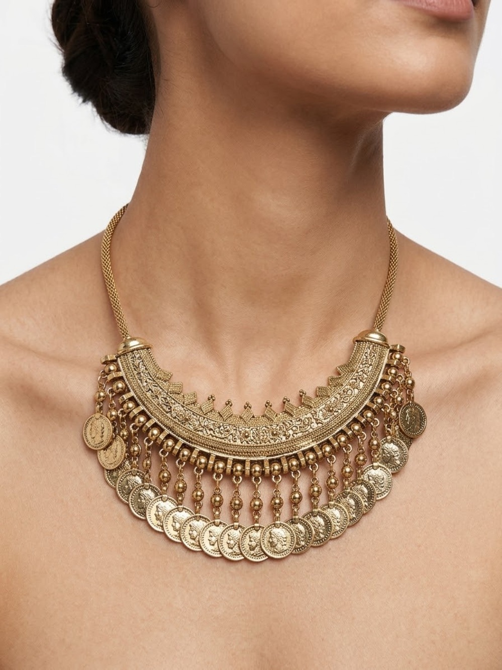 Gold-Tone Coin Fringe Statement Necklace